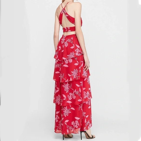 fitted lace wedding dress Red Floral Maxi Dress With Criss Cross Back · Filly Flair main image 0